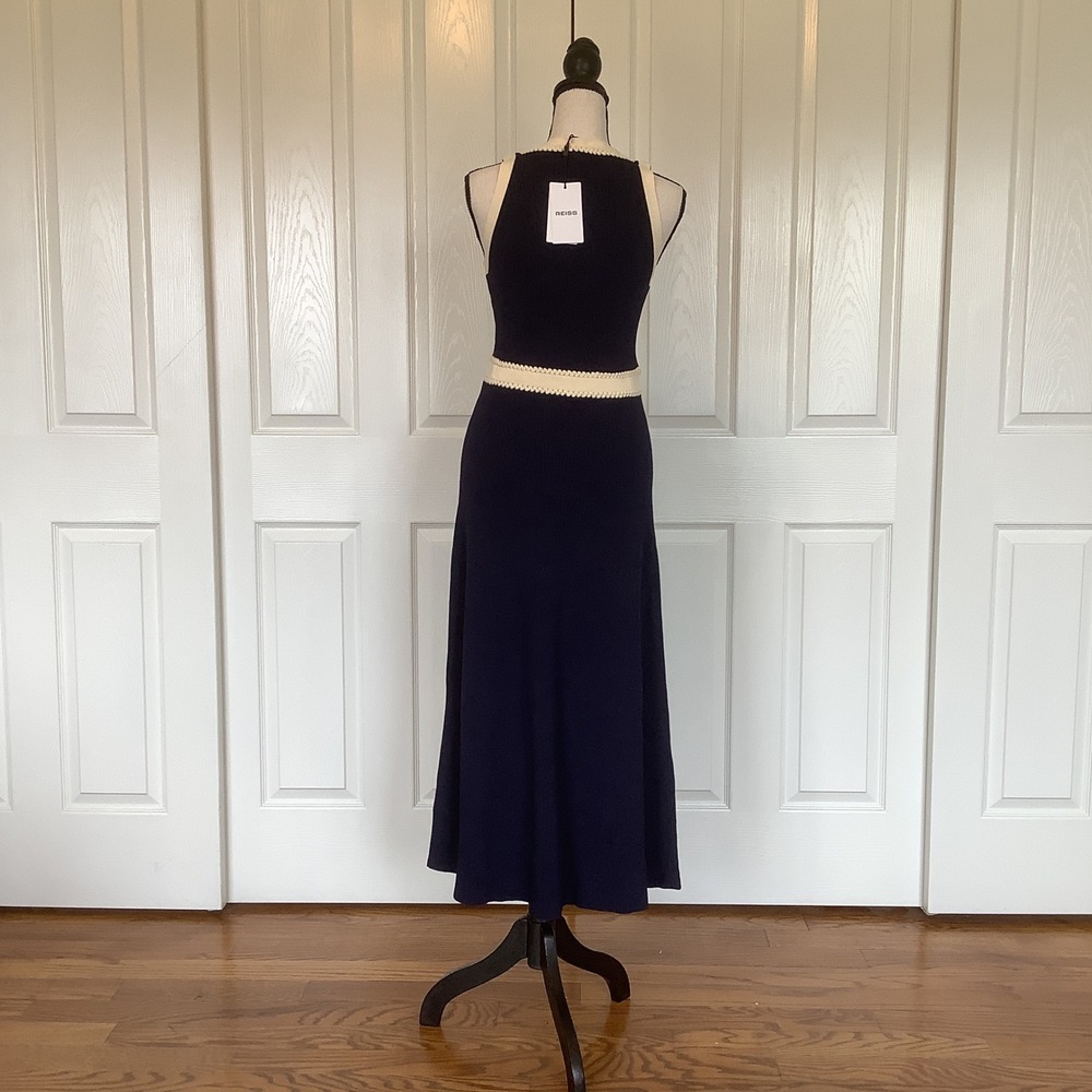 Reiss Lou-Craft Detail Knitted Navy Blue Cream V-Neck Maxi Dress Size M NWT - Picture 2 of 14